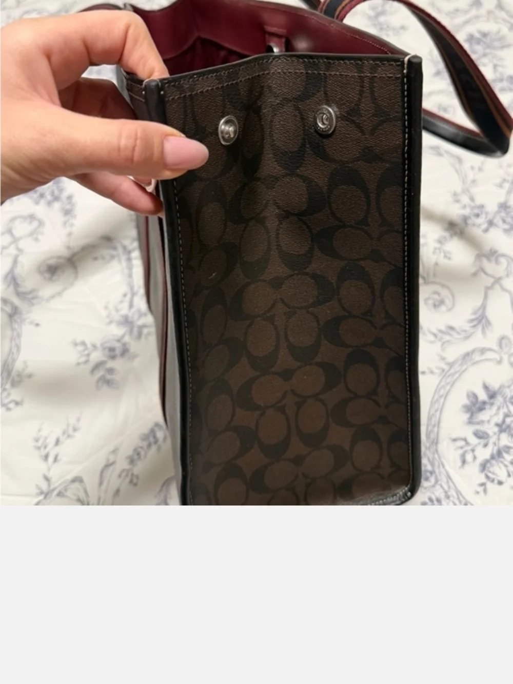 Coach Signature Canvas Large Tote in Brown with Maroon-Trim Straps - Picture 9 of 12